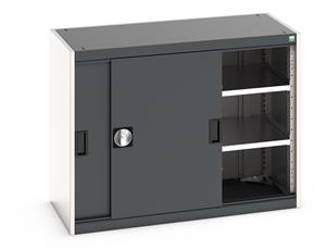 Bott cubio cupboard with lockable sliding doors 800mm high x 1050mm wide x 525mm deep and supplied with 2 x 100kg capacity shelves.   Ideal for areas with limited space where standard outward opening doors would not be suitable.... Bott Cubio Sliding Solid Door Cupboards with shelves and drawers 1600mm high option available